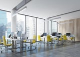 Empty city view office with yellow chairs