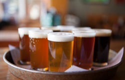 Close up of a tray of pints in a pub