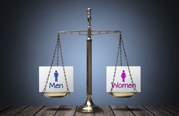 balanced scales with a sign with men on one side and women on the other