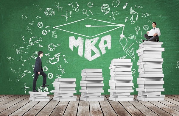 man walking up piles of papers to a man sitting at the top of a pile with MBA graphic in background