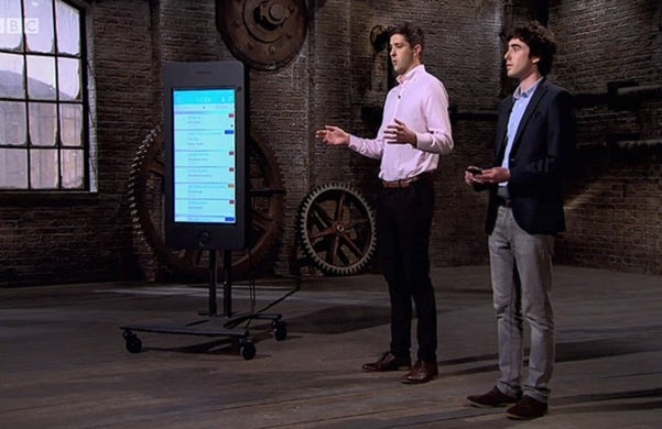 TickX co-founders Sam Coley and Steve Pearce pitching on Dragons' Den
