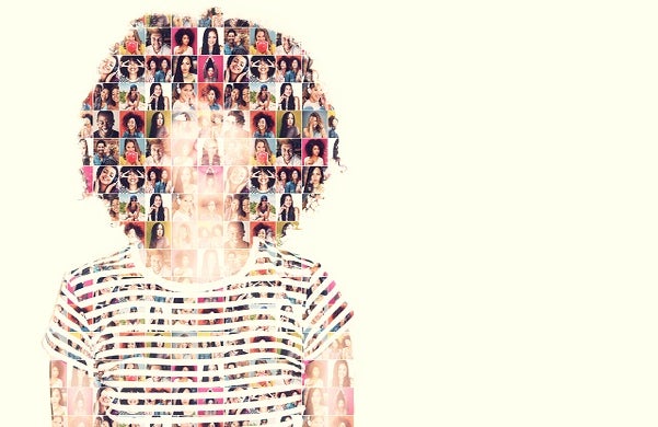 Composite image of a diverse group of people superimposed on a woman's face