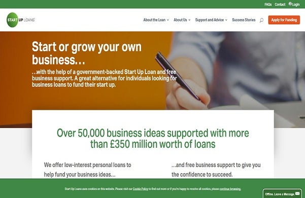 The homepage of the Start-up Loans website