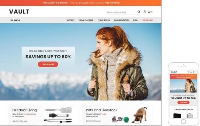 BigCommerce example of a business template for mobile and desktop for an outdoor living and pets and livestock ecommerce page.