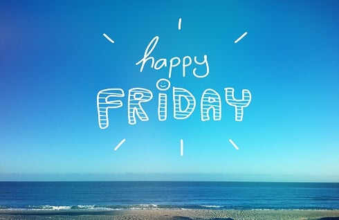 Happy Friday graphic over a blue sky and sea background