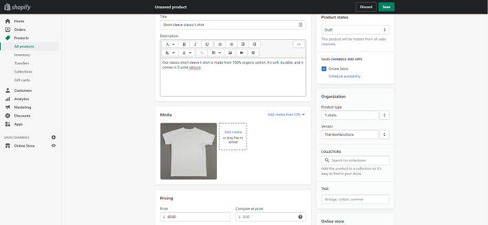 Example of interface where inventory can be managed on Shopify. Example shows inventory being logged in for a white t-shirt