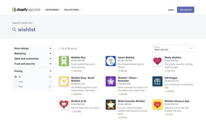 Screenshot of Shopify app store, showing most relevant apps for search result 'wishlist'. 