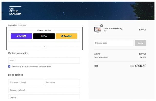 Example of checkout page on ecommerce page on Shopify, showing payment options and contact information. 