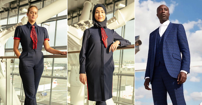 British Airways staff model the new work uniform including its first ever hijab.