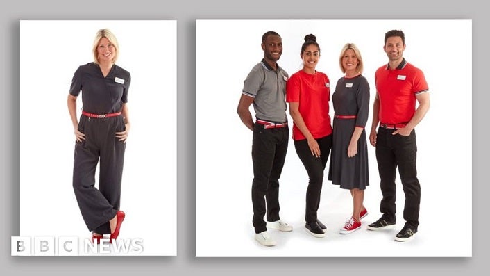Five people model the new HSBC uniform, including a jumpsuit