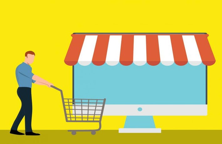 Animation of a man with shopping trolley next to a computer with an awning