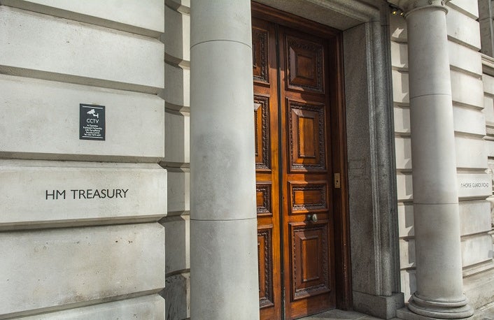 Image of the front door to the HM Treasury building on Horse Guard Road, Whitehall with the words 'HM Treasury' painted onto the wall.