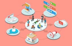 Omnichannel flat isometric vector concept. Customers surrounded by many communication types with seller.