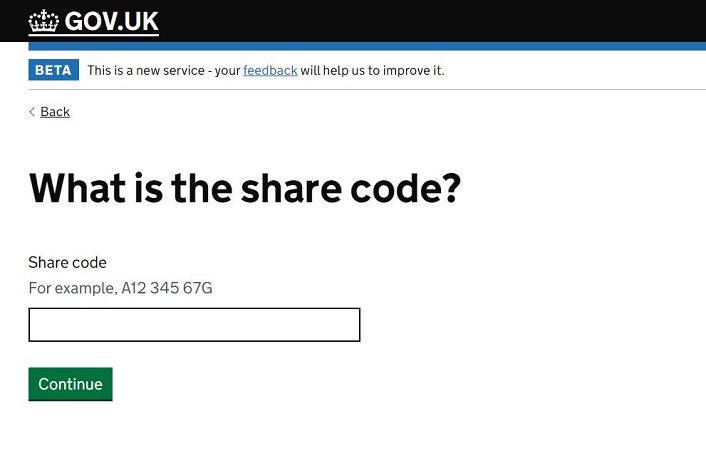 Screenshot of the GOV.UK website for finding a share code