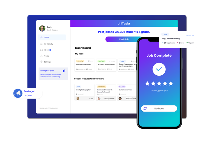 Screenshot showing the UniTaskr PRO platform on mobile and desktop