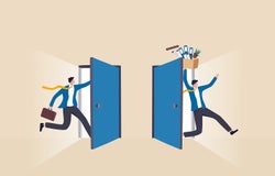 Staff turnover or job rotation in people management, human resources to manage to recruit new people for replacement concept, businessman new hire entering office while other resigned for new job.