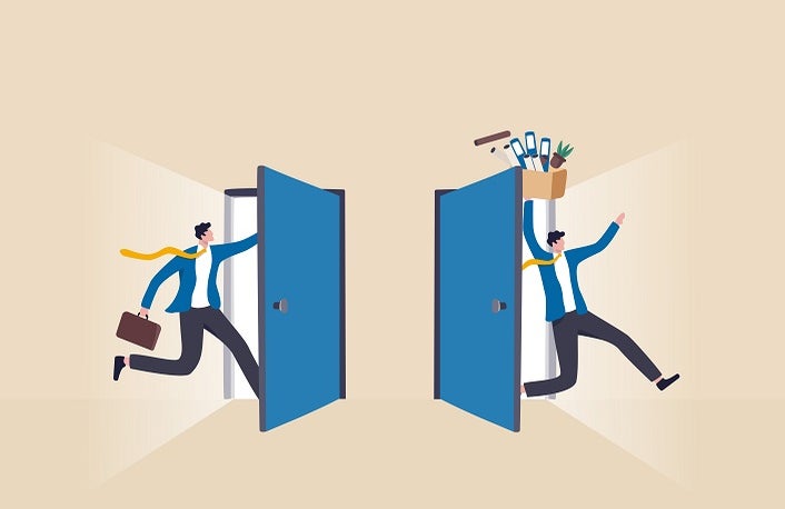 Staff turnover or job rotation in people management, human resources to manage to recruit new people for replacement concept, businessman new hire entering office while other resigned for new job.