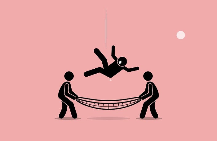 Man falling down and saved by people using safety net at the bot