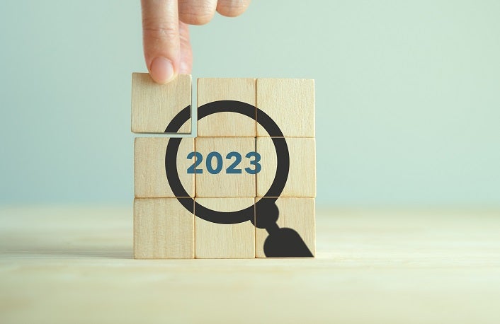 2023 Business trend, marketing research, opportunities finding. Focused on year 2023. Business plan and strategy. Business and market review. Annual audit. Placing wooden cube with 2023 and magnifier