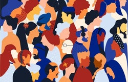 A cartoon image of a variety of different people, representing DEI