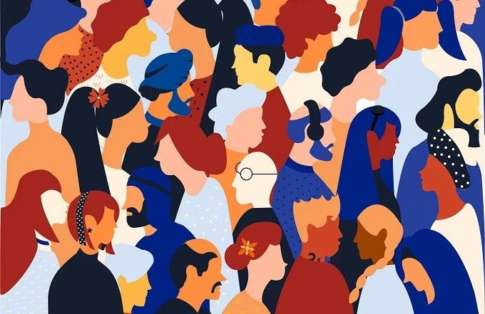 A cartoon image of a variety of different people, representing DEI