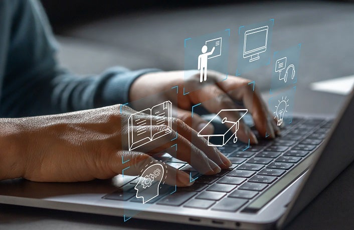 Human use laptop technology internet learning and study online class technology network, e-learning, online education, education, training, tutor, video lesson, course, knowledge in homeschool