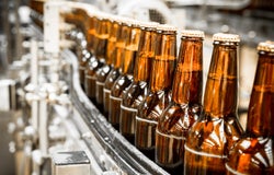 Beer bottles on the conveyor belt, brewery