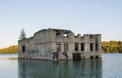 Dilapidated and abandoned building in a lake