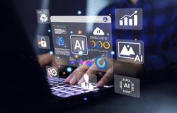 Businessman is using AI through his laptop computer in office to help them analyze data or generate virtual images and using big data as well as operating machines or information in the cyber system.