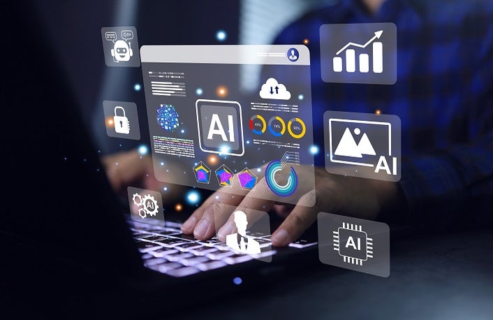 Businessman is using AI through his laptop computer in office to help them analyze data or generate virtual images and using big data as well as operating machines or information in the cyber system.