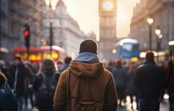 crowd of people walking in street. location inspired in london