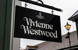 Bicester Village outlet, England , Sign or logo of Vivienne Westwood on hanging sign on April 04 2019 in UK.