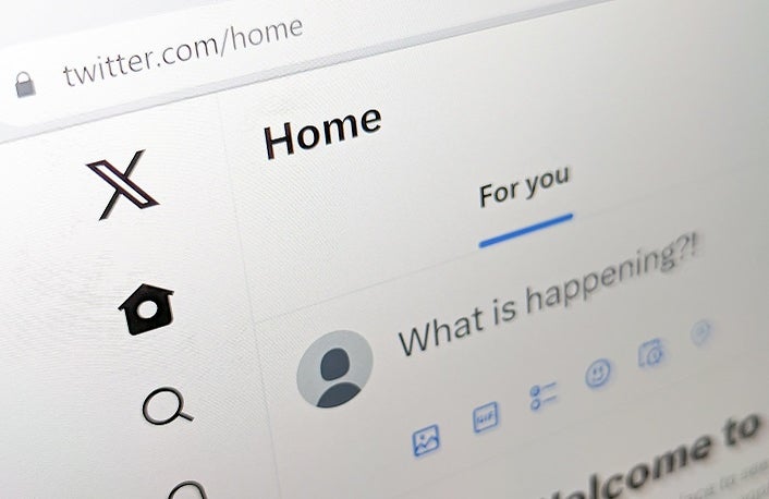 San Francisco, California - 2023: Twitter website UI is updated with new X logo after Elon Musk's rebranding in 2023, closeup page displayed on a computer screen