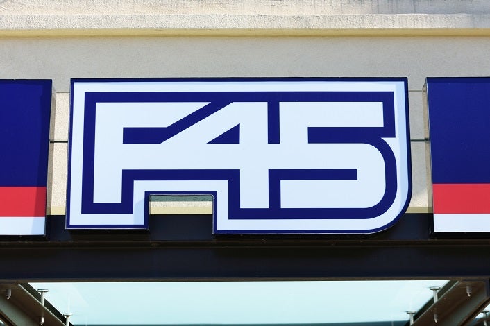 F45 Training sign, logo above the entrance to fitness studio - San Jose, California, USA - 2021