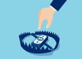 Vector of a businessman hand trying to reach money trap with dollar banknotes