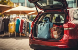 Red car parked outside marker stalls with open boot of shopping bags.