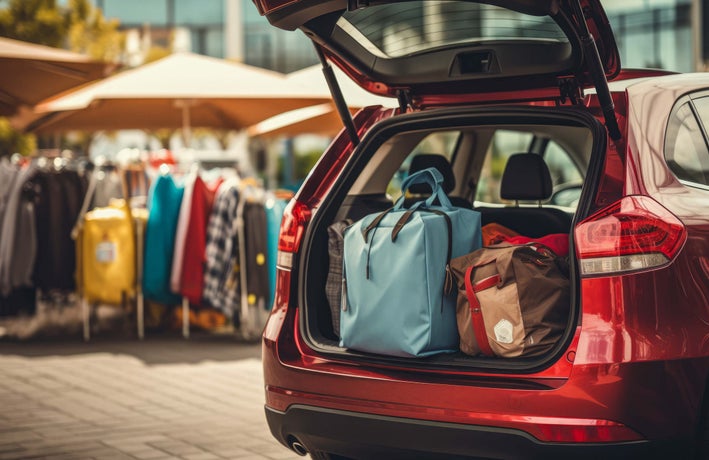 Red car parked outside marker stalls with open boot of shopping bags.