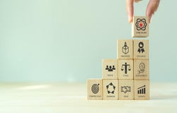 A single hand placing a small wooden block against a tower of blocks. Each block has a separate core value printed on them.