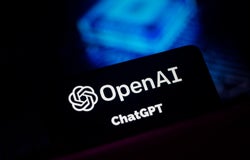 A black card displaying the OpenAI logo with a blue backdrop.