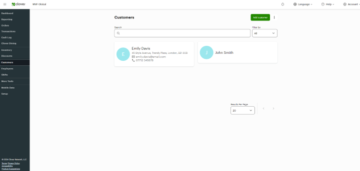 Screenshot of the Clover POS customers page 