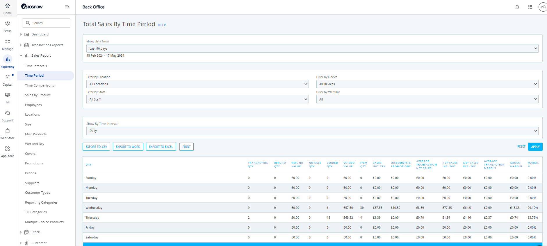 Screenshot of the Epos Now reporting page