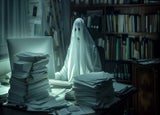 A white sheet ghost sitting at a computer in a darkened room with paperwork piled on the desk.