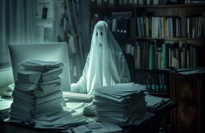 A white sheet ghost sitting at a computer in a darkened room with paperwork piled on the desk.