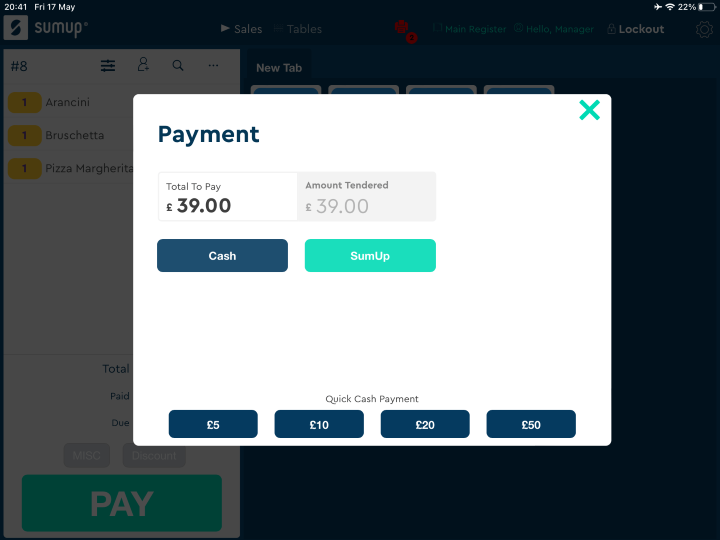 Screenshot of the SumUp payment screen