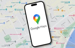 A smartphone device against a backdrop of a traditional map displaying the Google Maps logo.