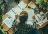 A woman sitting on a desk covered with different paperwork