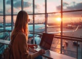 A woman sitting at the airport window facing the runway.