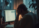 A young man has his head in his hands in front of a work computer screen