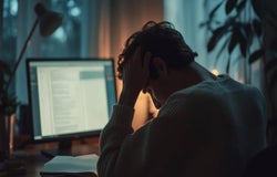 A young man has his head in his hands in front of a work computer screen