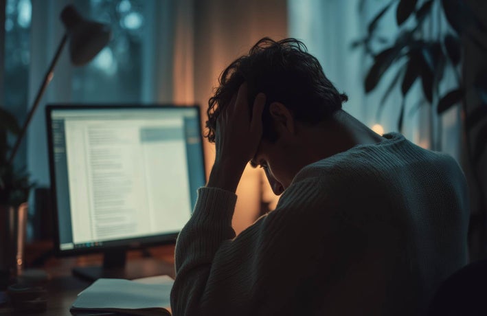 A young man has his head in his hands in front of a work computer screen